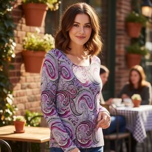 Talbots Sweater Womens Petite P Purple Gray Paisley Long Slv‎ Merino Wool Preppy